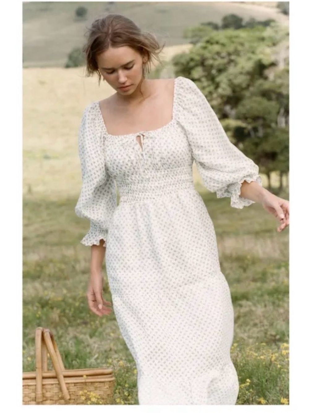 Faithfull the Brand Dariya White Floral Boho Free People Midi Linen Dress XS